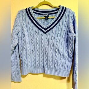 Lands' End Women's Light Blue V-Neck Cable Knit Varsity Cotton Sweater Sz XL